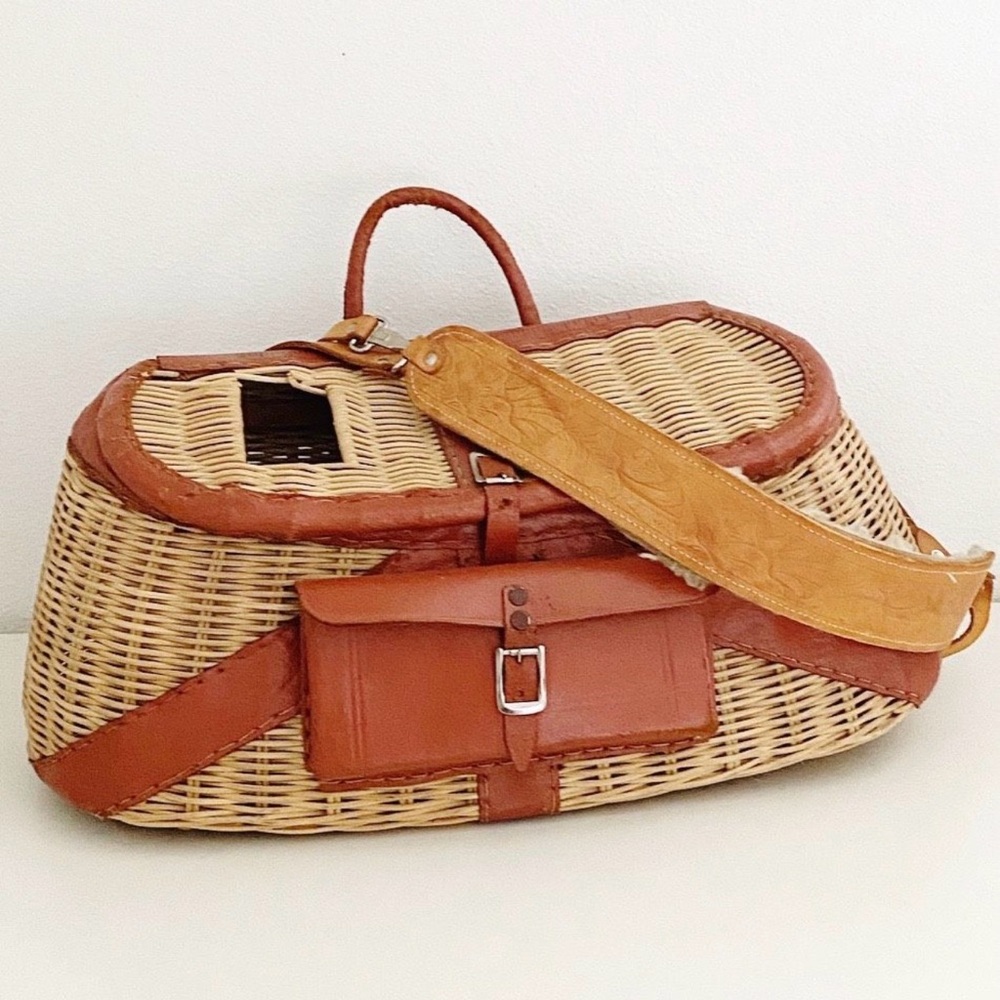 Vintage Wicker and Leather Fishing Creel Basket